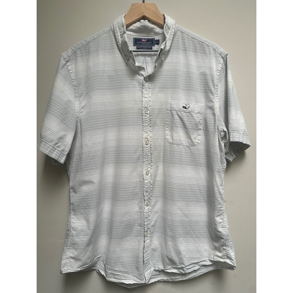 Vineyard Vines Slim Fit Tucker Shirt Mens Large Grey White Striped Short Sleeve